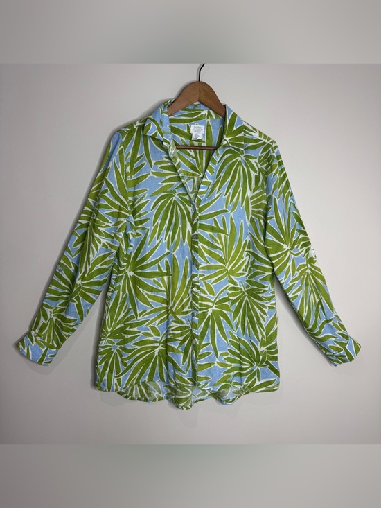 Sigrid Olsen Tops - Sigrid Olsen 100% Linen Green Blue Tropical Oversized Button Up Shirt Large